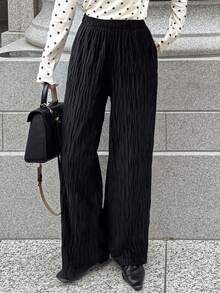 FRIFUL 女式纯色弹性腰部纹理面料直筒宽松裤