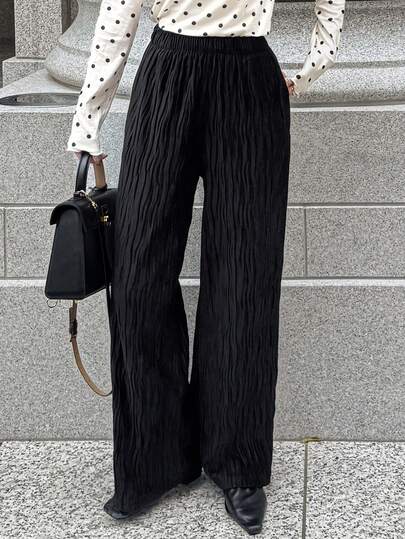 FRIFUL 女式纯色弹性腰部纹理面料直筒宽松裤