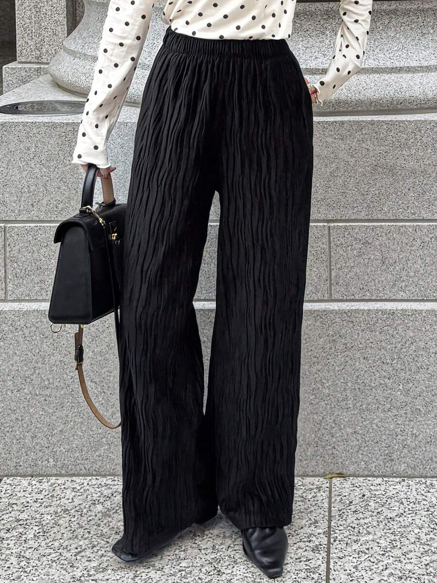 FRIFUL 女式纯色弹性腰部纹理面料直筒宽松裤