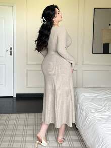 Vibekara Elegante vestido de punto con cuello en V, manga larga y pliegues en la cintura - Albaricoque - Ver 2