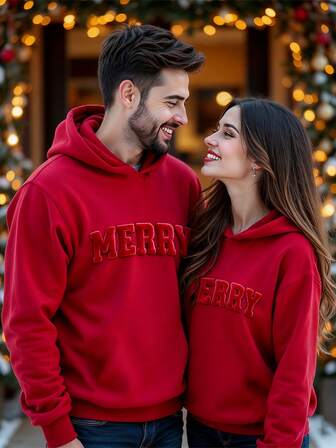 Manfinity RelaxMax Standard Size Men's Merry Christmas 3D Letter Vintage Red Fitted Raglan Hoodie Thermal Lining, Christmas Sweatshirt, Suitable For Family Gatherings, Couple Dates, And As A Great Gift