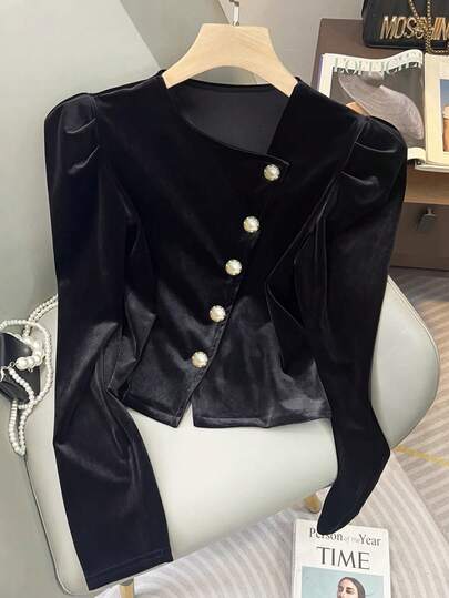 Franclia Modieuze en elegante asymmetrische kraag, fuzzy metallic parelknoopjes, cardiganblouse voor dames, lange mouwen, geschikt voor woon-werkverkeer, kantoor, dates, concerten, feesten, vakanties en diverse binnen- en buitengelegenheden.