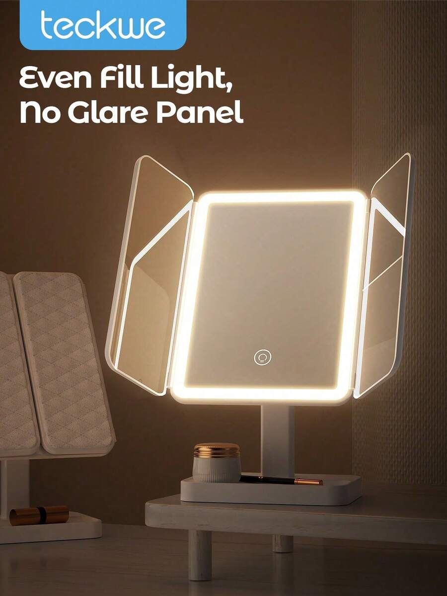 Teckwe Makeup Mirror Vanity Mirror With Lights, 1X, 2X, 3X Magnification, Touch Control, Trifold, White,  Smart Lighting & Storage, Modern Style, Dresser Mount, Bathroom, Travel, Valentine's Day Gift - White - View 1