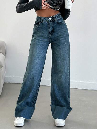 EURMUSE Jeans casual ampi in vita alta con dettagli sulle gambe, 100% cotone