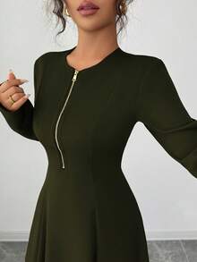 Elenzga Women's Elegant Coffee Brown Round Neck Front Zipper High-End Design Waist Fitted Flared Long Sleeve Midi Dress, Suitable For Commuting In Autumn - Army Green - View 6