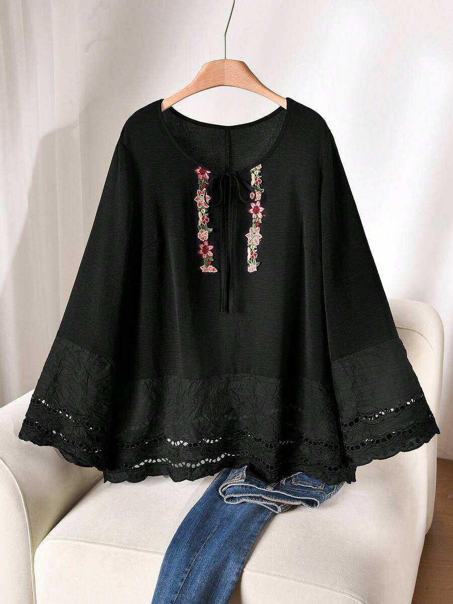 CosyJoli Plus Size Women's Black Shirts, Lace Shirts, Autumn Clothing Tops, Colorful Lace Tops, Comfortable Babydolls - Black - View 1
