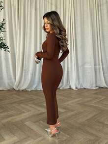 Jemour Autumn Wear Solid Color Square Neck Tight Black Long-Sleeved Dress - Brown - View 6