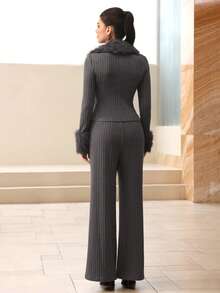 Modelyn 2件套灰色仿皮草针织上衣和直筒裤，秋冬 - 深灰色 - 查看 3