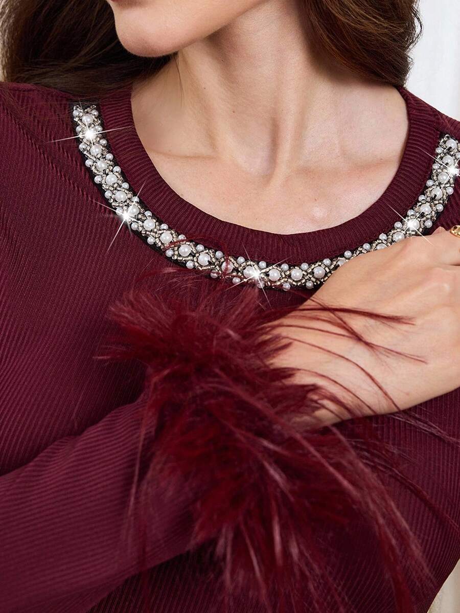 Medorina 女款紅色仿珍珠裝飾圓領長袖拼接毛絨修身優雅T恤 冬季 - 紅色 - 查看 1