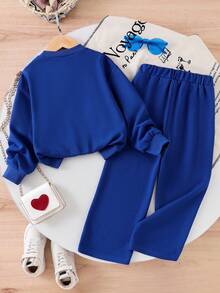 Elladie kids 2 Stücke/Set Mädchen (klein) marineblauer gestrickter Erdbeermuster Langarm Rundhals Sweatshirt und Hose Set, Herbst/Winter, modisches, niedliches Cartoon Kinderoutfit