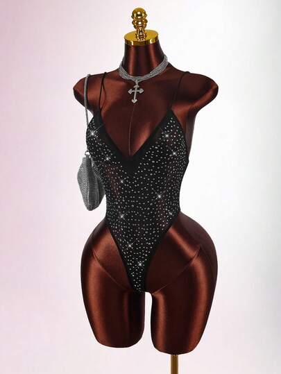 Amplova Body brillante con espalda descubierta y transparente, sexy para fiesta