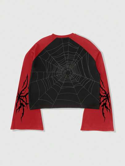 Street Life Camiseta casual de hombre con estampado de araña y bloques de color, otoño