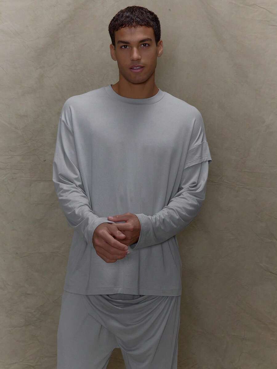 Musero Loose Fit Crew Neck Long Sleeve Faux Double Layer Sleeve Top Only Fall/SPRING SUMMER - Grey - View 1