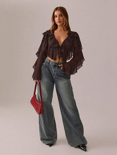 SHEIN SXY Black Top;Fall Women Clothes;Crop Tops;Holiday Costume Party Gathering Black Mesh See-Through Lotus Leaf Strap Deep V Neck Women Sexy Long Sleeve Shirt Brown Blouses Ruffle Tops Sexy Blouses Dark Brown Top Chocolate Brown Top