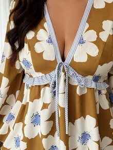 SHEIN LUNE Plus Size Women Casual Floral Print Ruffle Trim Tie Front Long Sleeve Shirt - Multicolor - View 4