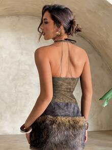 Aloruh 女士新款音乐节波西米亚性感露脐上衣，复古水洗PU皮革肩带装饰女士吊带背心 - 卡其色 - 查看 2