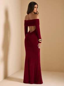 SHEIN BAE 1 chiếc váy maxi dài tay hở vai màu trơn bó sát gợi cảm eo ngắn đuôi cá cho nữ, váy nâu, váy cà phê, váy sinh nhật, trang phục mặc nhiều lớp thu/đông, váy dự tiệc - Màu Đỏ Sâu - Xem 2