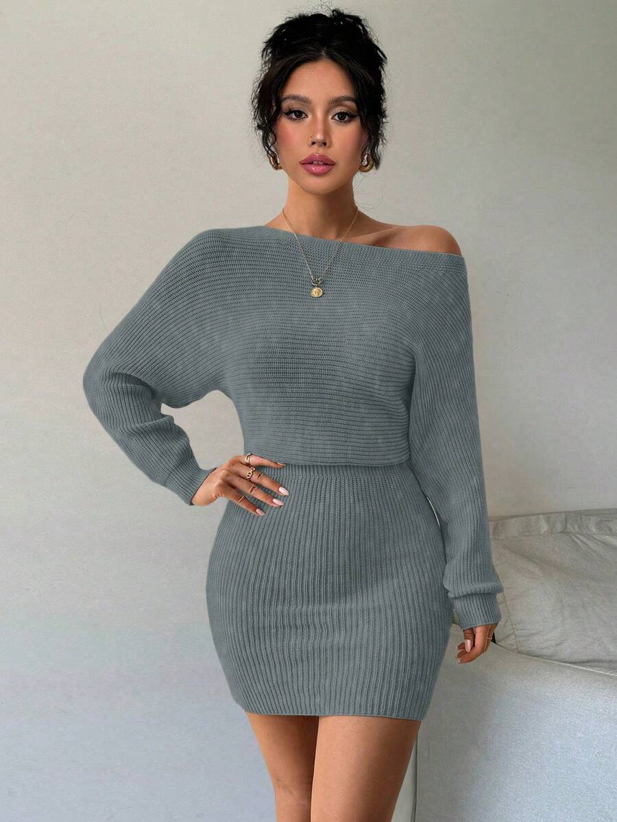 Elenzga Autumn/Winter New Solid Color Cinched Waist Bodycon Knit Dress