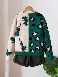 Sparklyn 女童时尚豹纹提花针织开衫，秋冬 - 橄欖綠 - 查看 2