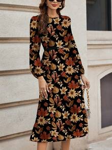 SHEIN Clasi Casual Minimalist Autumn Leaf Print Dress, Brown, Suitable For Autumn/Winter - Multicolor - View 4