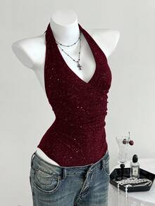 Elamini 百搭交叉深 V 领褶饰紧身衣，适合春、夏、秋、冬