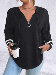 SHEIN LUNE Plus Striped Trim Curved Hem Drop Shoulder Drawstring Hooded Tee Graphic Tees Women Tops - Dark Grey - View 1
