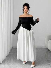 Elenzga Vestido asimétrico de mujer talla grande con hombros descubiertos, mangas acampanadas y perlas falsas, de estilo francés romántico y vintage elegante para otoño/invierno - Blanco y Negro - Ver 3