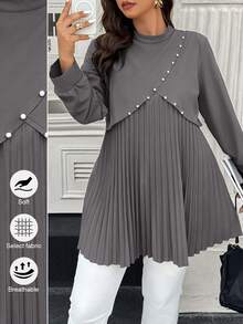 Easura Plus Size Elegant Commuter Shirt With Pearl Decor And Pleated Design - Grey - View 1