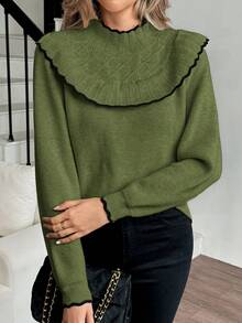 Selianne 女式休闲拼色荷叶边毛衣，秋冬 - 綠色 - 查看 4