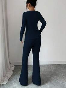 Elenzga Women's Elegant Fluffy Ribbed Knit Bowknot Collar Long Sleeve Cinched Waist Top And Flare Pants 2 Pieces Set - Navy Blue - View 2