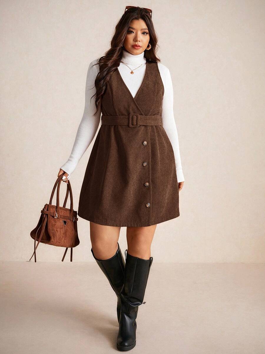 Elaquor Autumn Casual College Style Corduroy Fabric Removable Waistband Pockets Vintage Dress Plus Size Women Overall Brown Fall Dress,Winter Clothes - Chocolate Brown - View 1