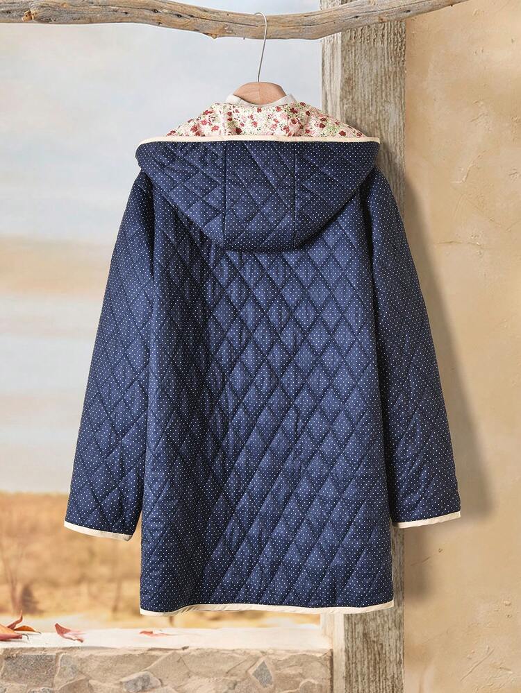 Women's Casual Polka Dot Print Hooded Padded Coat, Warm For Autumn/Winter