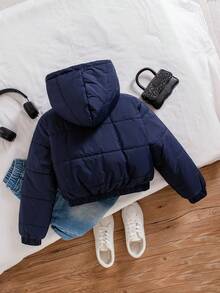 Chaqueta casual con capucha de invierno de unicolor y cremallera delantera de manga larga para niña preadolescente - Azul - Ver 2