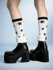 Women's Fashion Back Zipper Thick Sole Elastic Faux Fur Collar Ankle Boots - Black and White - View 3