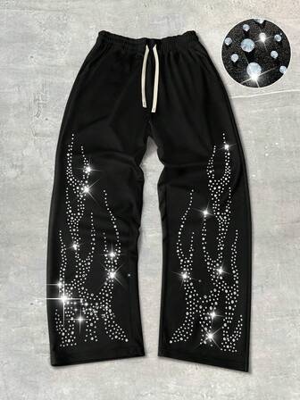 Street Life Pantaloni della tuta casual da uomo con vita con coulisse e strass