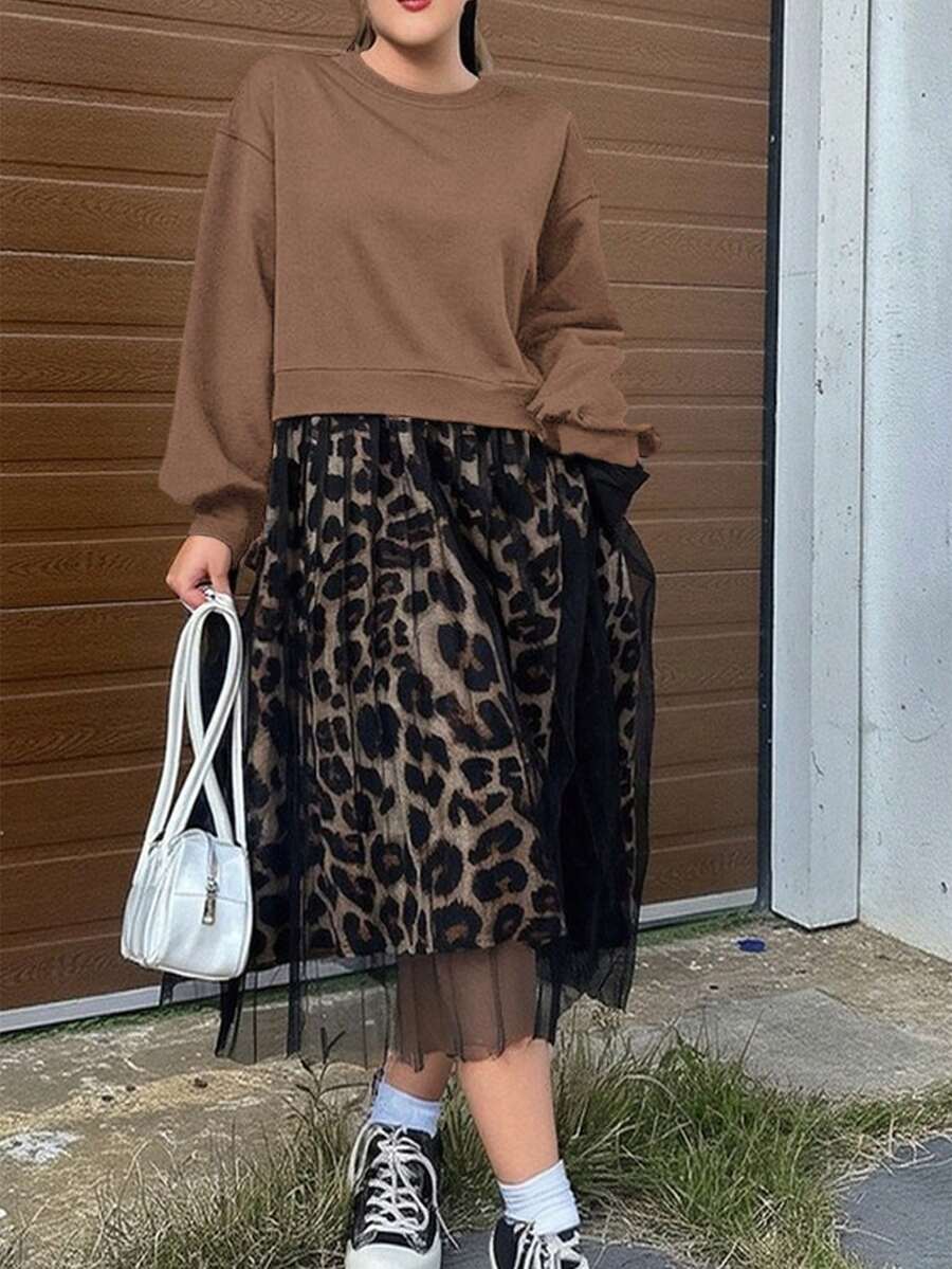 Dazy Petite Plus Black Leopard Print Mesh Patchwork Sweatshirt Dress, Spring/Autumn - Brown - View 1