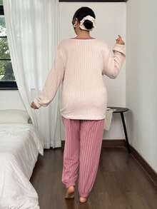 SHEIN Plus Size Fluffy Pajama Set, Knitted Ribbed Fleece Rabbit Embroidered Long Sleeve Top And Pants, Cozy Winter Clothes - Pink - View 3