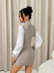 SHEIN PETITE 主教袖罗纹立领连衣裙 - 杏色 - 查看 2