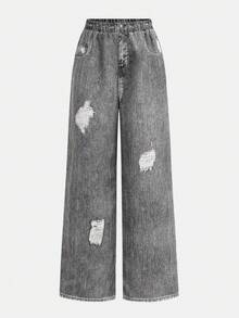 SHEIN Girlism 青少年女孩休闲街头风格修身不对称下摆长袖上衣和宽松阔腿牛仔印花涂鸦裤两件套，返校季，甜美酷炫女孩，时尚个性 - 黑色 - 查看 8