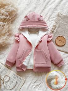 Vintaside Kids 1pc Baby Girls' Winter New 2025 Korean Style Shrimp Pink Ruffle Trim Pocket Zipper Front Hooded Thermal Lined Jacket, Simple Fashionable Versatile Commuting Cold-Proof Thick Outerwear For School - Pink - View 1