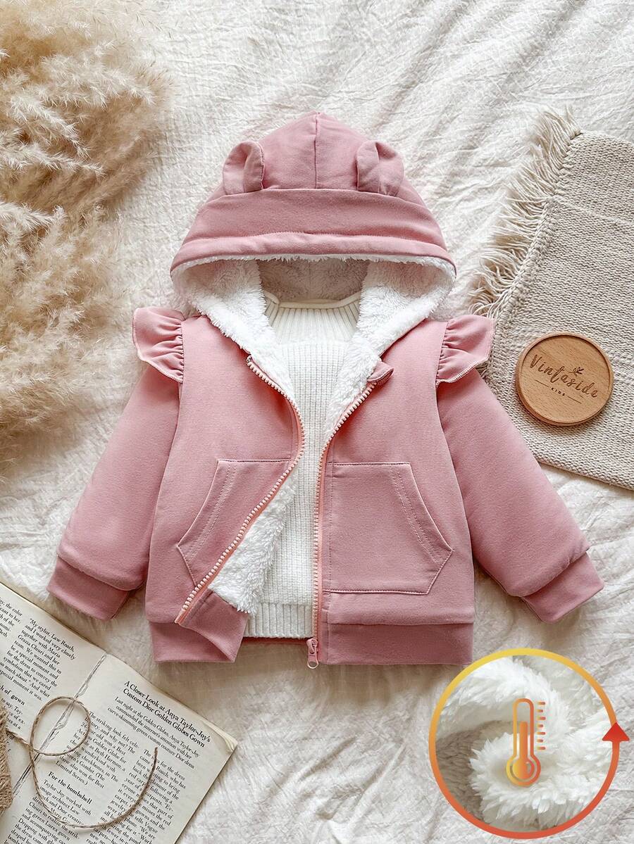Vintaside Kids 1pc Baby Girls' Winter New 2025 Korean Style Shrimp Pink Ruffle Trim Pocket Zipper Front Hooded Thermal Lined Jacket, Simple Fashionable Versatile Commuting Cold-Proof Thick Outerwear For School - Pink - View 1