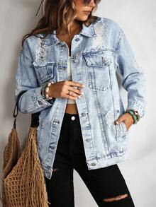 EMERY ROSE 纽扣蓝色前盖口袋落肩牛仔夹克 - 淺色水洗藍 - 查看 1
