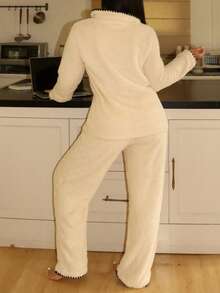 2pcs Lowkey Lull Almond Cream Soft & Simple Ribbed Casual Lounge Long Sleeve Top & Pants Fluffy Pajama Set, Minimalist Unisex Sleepwear For Women, Cozy Winter Clothes - Apricot - View 2