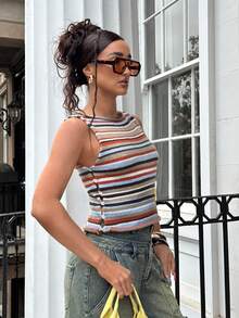 Jeanoix 女式夏季撞色条纹卷边无袖针织上衣 - 彩色 - 查看 6