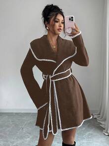 Elenzga Women's Fashionable Color Block Trim Jacket, Autumn/Winter - Brown - View 3