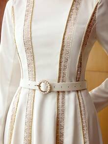 MOTF PREMIUM WOMEN'S ELEGANT COMMUTER RHINESTONE LACE PATCHWORK DRESS - White - View 2