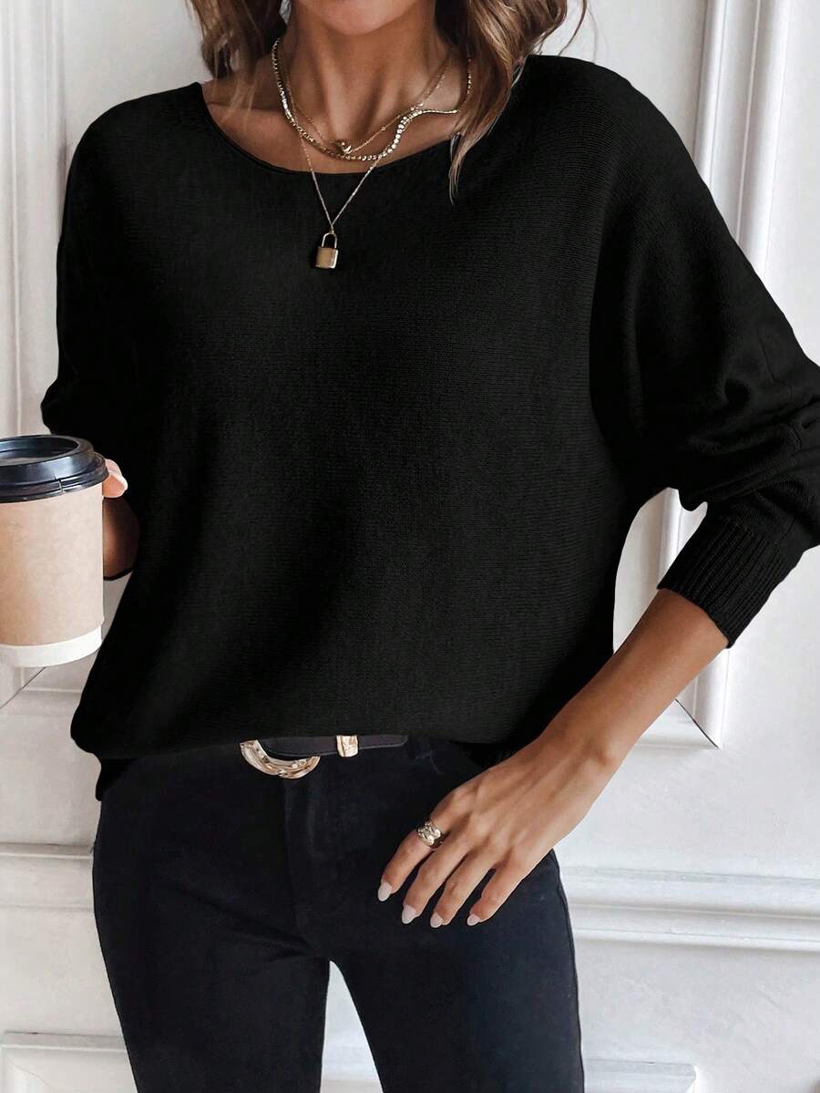 SHEIN LUNE Women's Casual Basic Solid Color Round Neck Batwing Sleeve Sweater, Autumn/Winter Everyday Black - Black - View 1