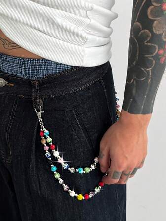 Fairycore 1pc Vintage Elegant Minimalist Multi-Color Crystal & Faux Pearl Pants Chain, Men Punk Hip Hop Cross Body Chain, For Pants Decoration
