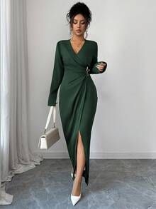 Elenzga Women's Elegant Solid Color V-Neck Metal Decor Ruched Fitted Split Hem Maxi Dress, Spring/Autumn - Dark Green - View 4