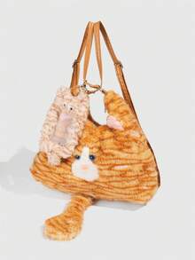ROMWE Kawaii 1 chú mèo bông màu vàng dễ thương theo phong cách sinh viên, túi đeo nách hình mèo đuôi dài, túi tote đi làm dung tích lớn dùng hàng ngày vào mùa thu và một túi đựng thẻ hình mèo nhỏ để phù hợp với ba lô - trái cam - Xem 7